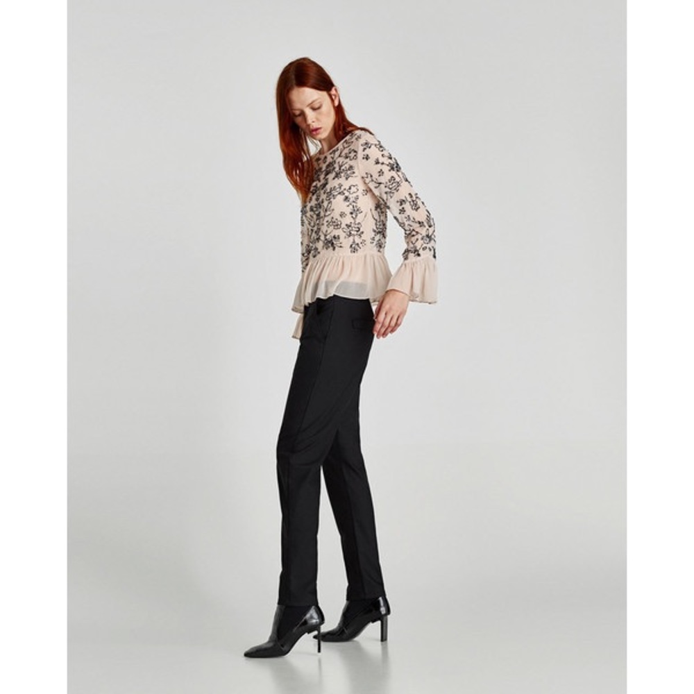 Zara Embroidered Sequin Top With Ruffle Sleeves Gem